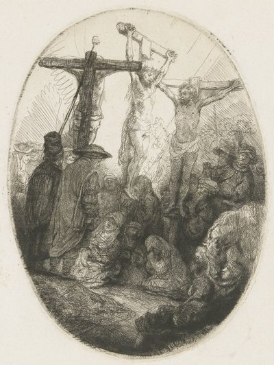 Cristo crocifisso tra i due ladroni: una placca ovale da Rembrandt van Rijn