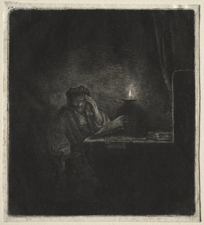 Copia di Studente a un tavolo alla luce delle candele da Rembrandt van Rijn