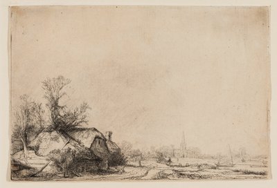 Cottage accanto a un canale con vista su Ouderkerk da Rembrandt van Rijn