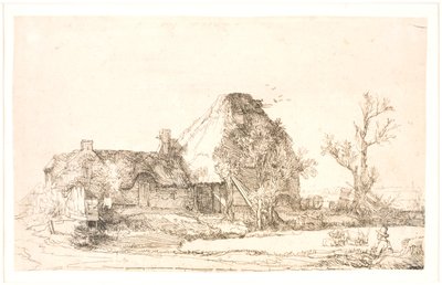 Cottage e edifici agricoli con un uomo che disegna da Rembrandt van Rijn