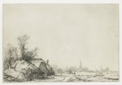 Cottage accanto a un canale con vista su Ouderkerk da Rembrandt van Rijn