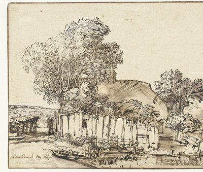 Cottage con staccionata bianca tra gli alberi da Rembrandt van Rijn