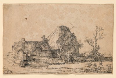 Cottage e edificio agricolo con un uomo che disegna da Rembrandt van Rijn