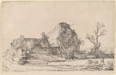 Cottage e Edifici Agricoli con un Uomo che Disegna da Rembrandt van Rijn
