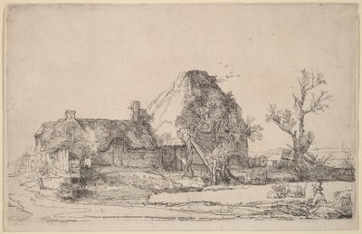 Casette di campagna e fabbricati agricoli con un uomo intento a disegnare da Rembrandt van Rijn
