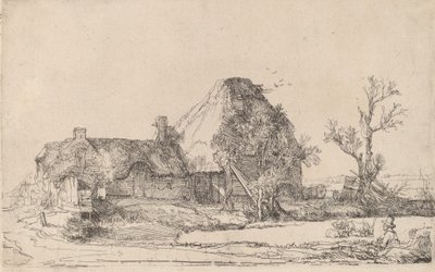 Cottage e edifici agricoli con un uomo che disegna, c. 1645 da Rembrandt van Rijn