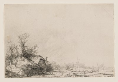 Casette lungo un canale con una chiesa e una barca a vela da Rembrandt van Rijn