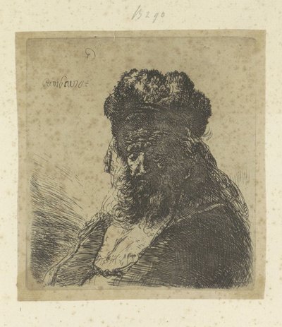 Vecchio barbuto con cappello di pelliccia e occhi chiusi da Rembrandt van Rijn