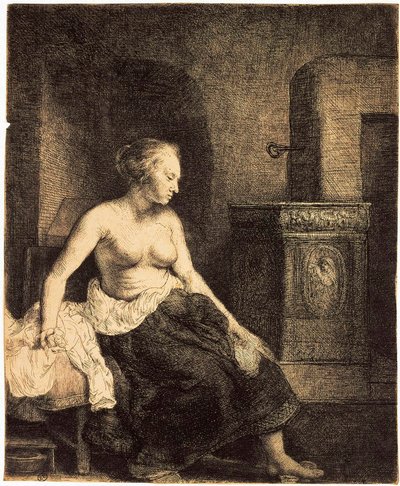 Donna semi-nuda vicino a una stufa da Rembrandt van Rijn