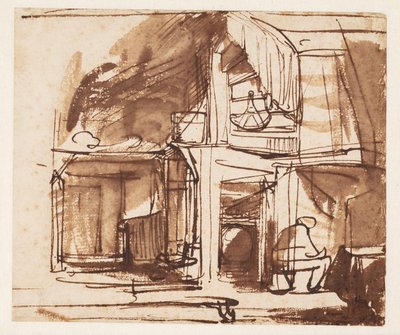 Interno con scala a chiocciola e uomo seduto da Rembrandt van Rijn