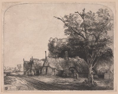 Paesaggio con tre cottage a due spioventi lungo una strada da Rembrandt van Rijn