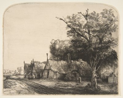 Paesaggio con tre cottage a due spioventi lungo una strada da Rembrandt van Rijn