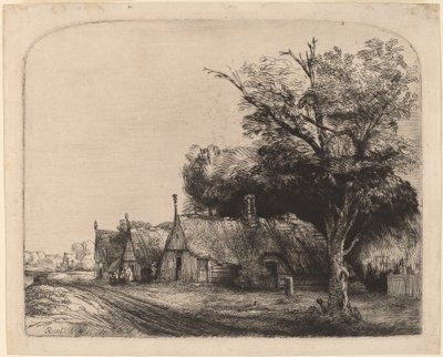 Paesaggio con tre cottage a due spioventi lungo una strada da Rembrandt van Rijn