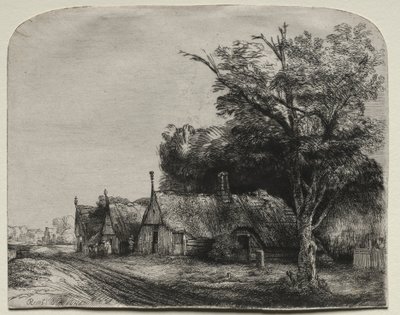 Paesaggio con tre cottage a capanna lungo una strada da Rembrandt van Rijn