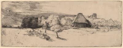 Paesaggio con alberi, edifici agricoli e una torre da Rembrandt van Rijn