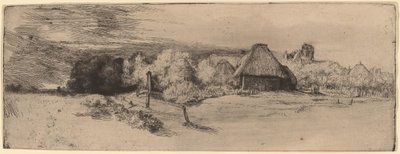 Paesaggio con alberi, edifici agricoli e una torre da Rembrandt van Rijn