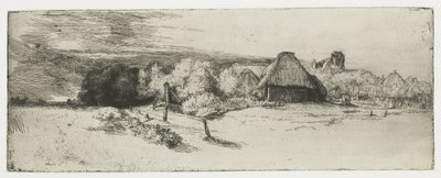 Paesaggio con edificio agricolo e 