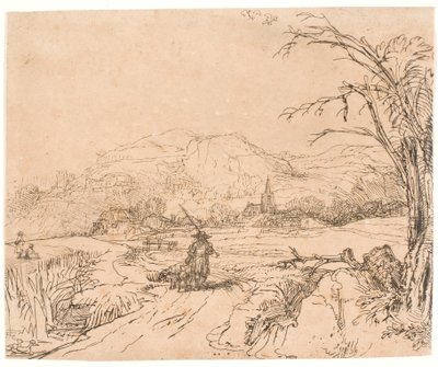 Paesaggio con un cacciatore e dei cani da Rembrandt van Rijn