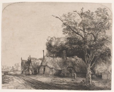 Paesaggio con tre cottage a due spioventi lungo una strada da Rembrandt van Rijn