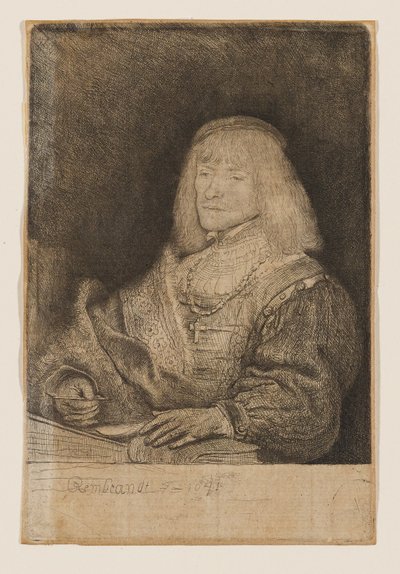 Uomo seduto alla scrivania, con una croce e una catena al collo da Rembrandt van Rijn