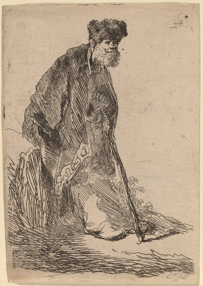 Uomo con Cappotto e Cappello di Pelliccia Appoggiato a una Sponda da Rembrandt van Rijn
