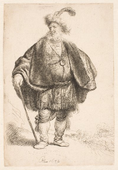 Uomo in piedi con indosso un costume orientale e un cappello di pelliccia con piume da Rembrandt van Rijn