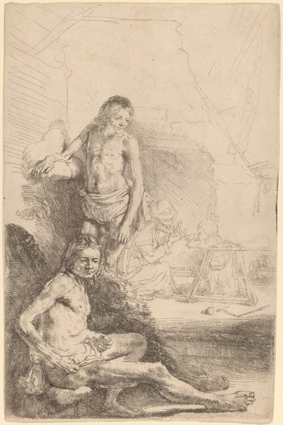 Uomo Nudo Seduto e Uomo Nudo in Piedi, con una Donna e un Bambino sullo Sfondo da Rembrandt van Rijn
