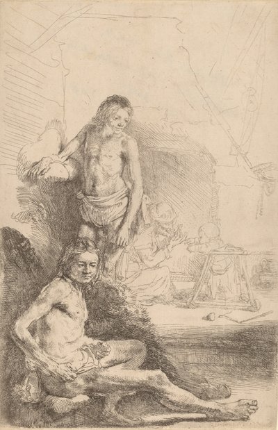Uomo nudo seduto e uomo nudo in piedi, con una donna e un bambino sullo sfondo, c. 1646 da Rembrandt van Rijn