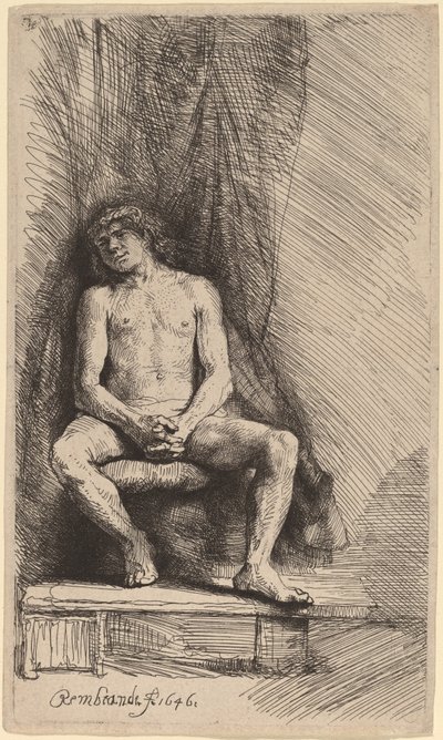Uomo Nudo Seduto davanti a una Tenda da Rembrandt van Rijn