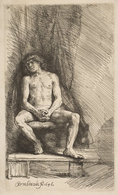 Uomo Nudo Seduto davanti a una Tenda da Rembrandt van Rijn
