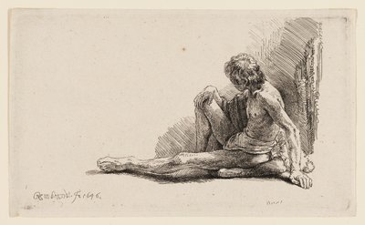 Uomo nudo seduto a terra con una gamba estesa da Rembrandt van Rijn