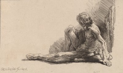 Uomo nudo seduto a terra con una gamba estesa da Rembrandt van Rijn