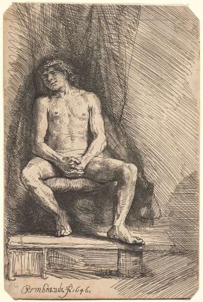 Uomo nudo seduto davanti a una tenda (BB.46-Bi) da Rembrandt van Rijn