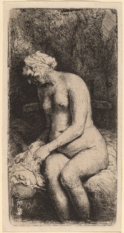 Nudo seduto su una panchina con un cuscino (Donna che si lava i piedi a un ruscello) da Rembrandt van Rijn