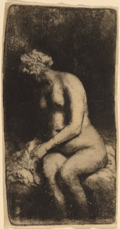 Nudo seduto su una panca con un cuscino (Donna che si lava i piedi a un ruscello) da Rembrandt van Rijn