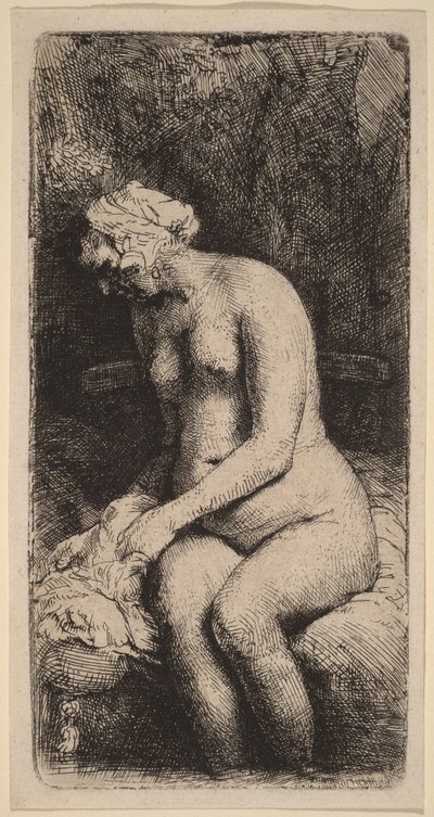 Nudo seduto su una panchina con un cuscino (Donna che si lava i piedi in un ruscello) da Rembrandt van Rijn
