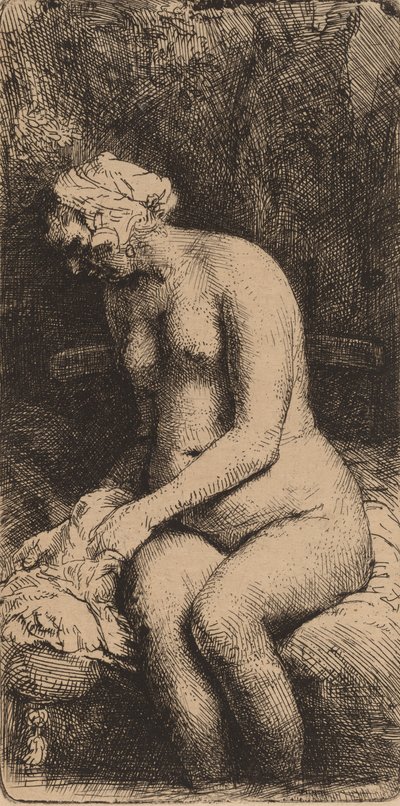 Nudo Seduto su una Panchina con un Cuscino Donna che Si Lava i Piedi a un Ruscello da Rembrandt van Rijn