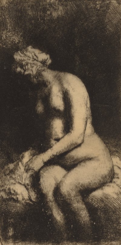 Nudo seduto su una panchina con un cuscino Donna che si lava i piedi in un ruscello, 1658 da Rembrandt van Rijn
