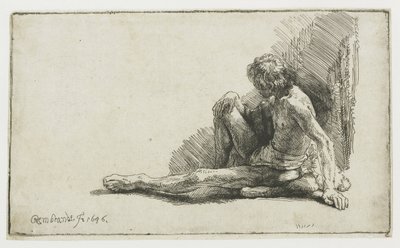 Uomo nudo seduto a terra con una gamba estesa da Rembrandt van Rijn