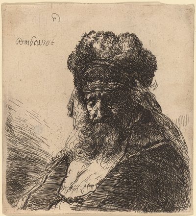Vecchio barbuto con un alto cappello di pelliccia, con gli occhi chiusi da Rembrandt van Rijn
