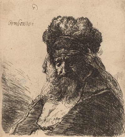 Vecchio barbuto con un alto cappello di pelliccia, con gli occhi chiusi da Rembrandt van Rijn
