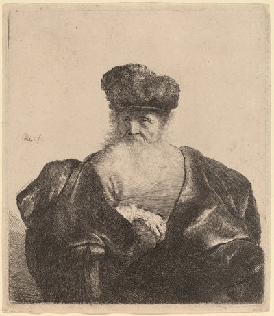 Vecchio con barba, berretto di pelliccia e mantello di velluto da Rembrandt van Rijn