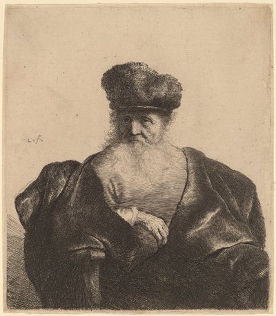 Vecchio con barba, berretto di pelliccia e mantello di velluto da Rembrandt van Rijn