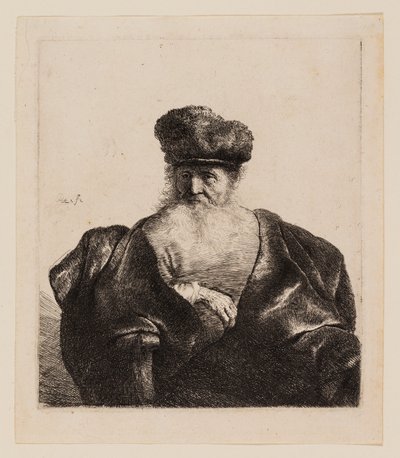 Vecchio con barba, berretto di pelliccia e mantello di velluto da Rembrandt van Rijn