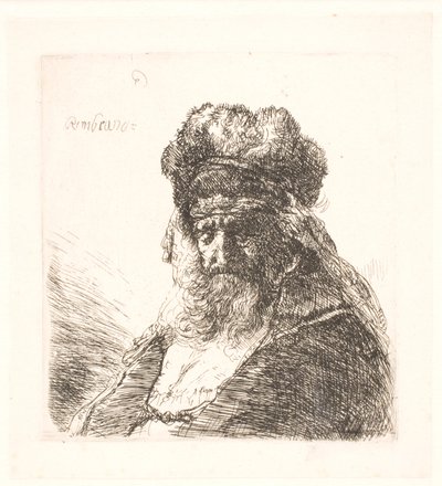 Vecchio barbuto con un alto cappello di pelliccia, con gli occhi chiusi da Rembrandt van Rijn