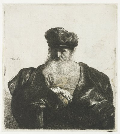 Vecchio con barba, berretto di pelliccia e mantello di velluto da Rembrandt van Rijn