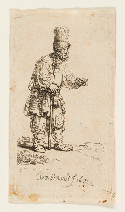 Contadino con un Cappello Alto, Appoggiato a un Bastone da Rembrandt van Rijn