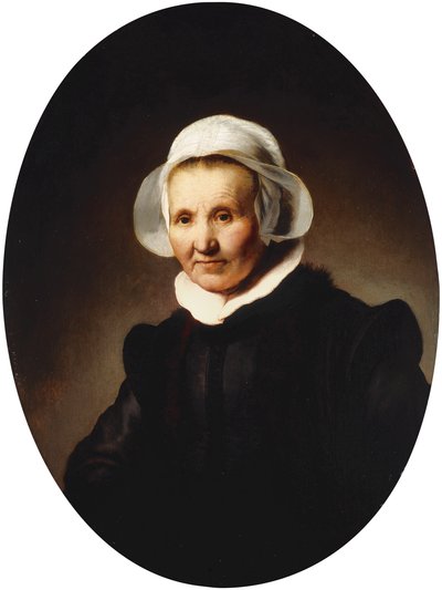 Ritratto di una Signora, 62 anni, forse Aeltje Pietersdr. Uylenburgh, moglie di Johannes Cornelisz. Sylvius, mezzo busto in costume nero da Rembrandt van Rijn