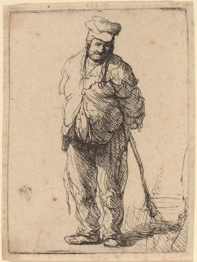 Contadino stracciato con le mani dietro la schiena, che tiene un bastone da Rembrandt van Rijn