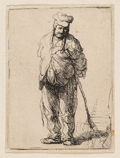 Contadino stracciato con le mani dietro la schiena, che tiene un bastone da Rembrandt van Rijn